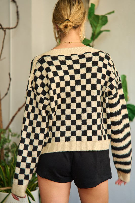 Contrast pattern sweater cardigan +