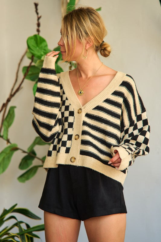 Contrast pattern sweater cardigan +